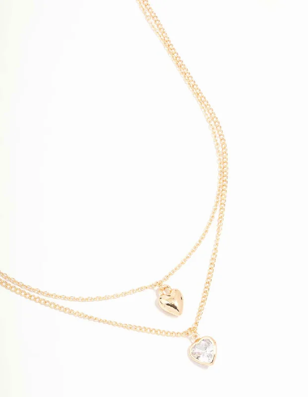 Dainty Gold Pendant Necklace-Gold Puffy Heart & Diamante Layered Necklace