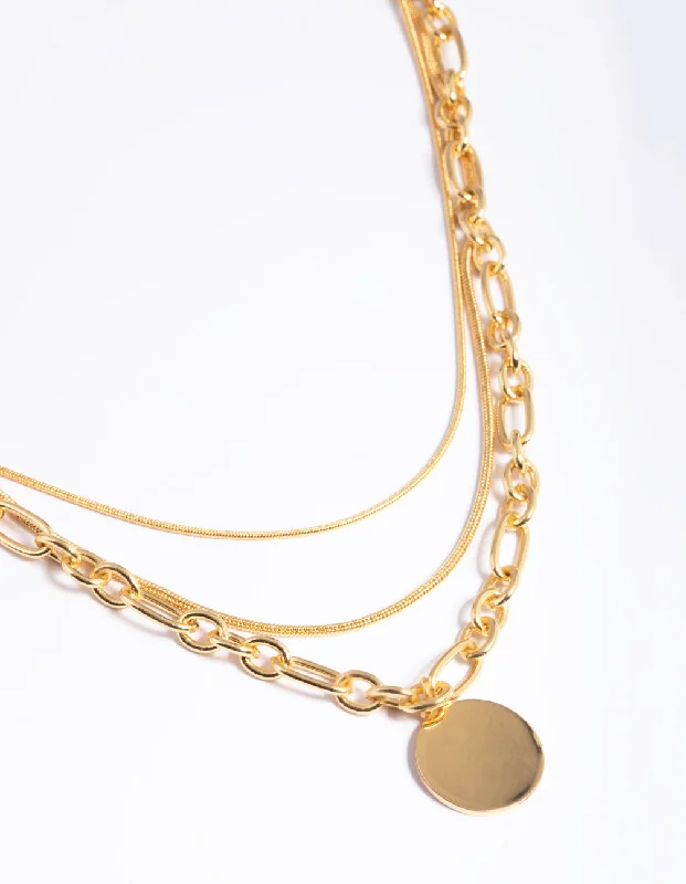 Simple Gold Necklace-Waterproof Gold Plated Stainless Steel Oval Chunky Disc Layered Necklace