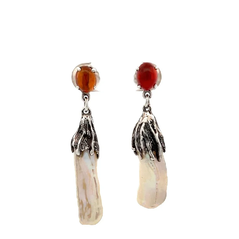 Multi-Layer Earrings-Estate Sterling Silver Amber & Pearl Drop Earrings