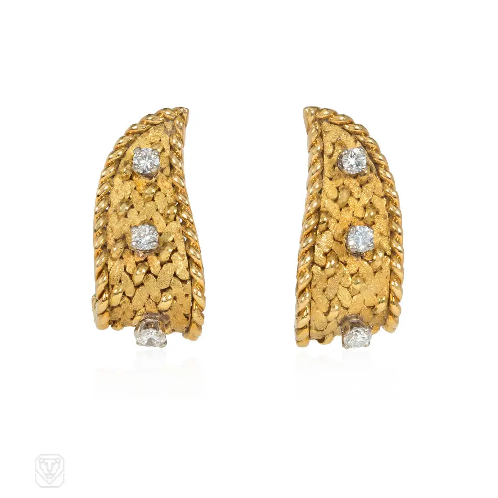 Vintage Gemstone Earrings-1960s Georges Lenfant gold and diamond flame earrings