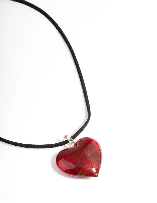 Luxury Charm Necklace-Large Red Puffy Heart Suede Cord Necklace