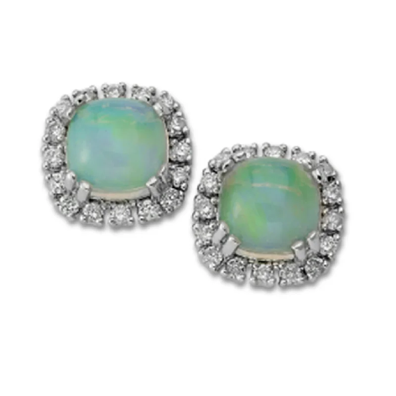 Statement Earrings for Weddings-14K White Gold 2.25ctw Cushion Opal & Diamond Halo Stud Earrings by Samuel B.