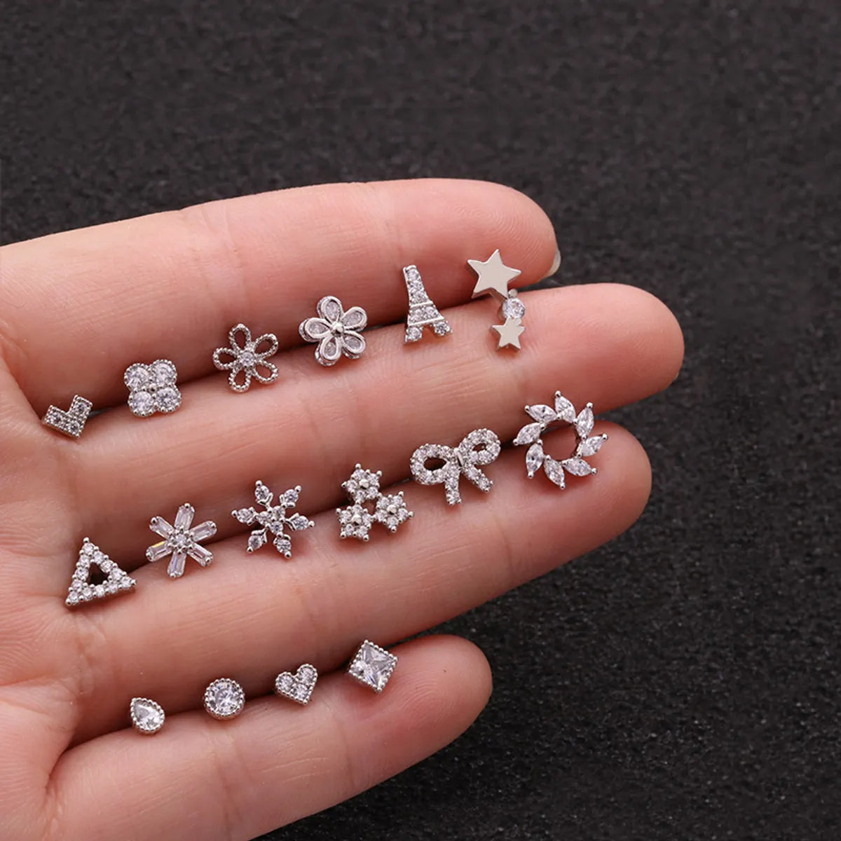 Simple Platinum Ring Set-Flower Metal Ear Studs