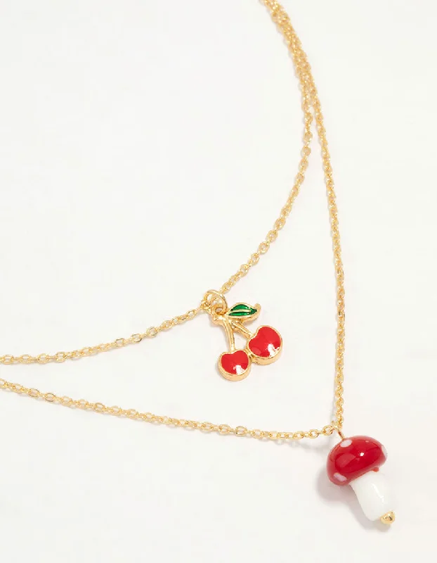 Beaded Gold Pendant Necklace-Gold Plated Cherry & Mushroom Layered Necklace