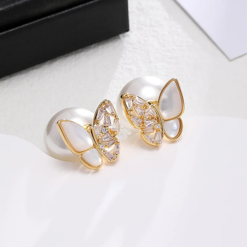 White Gold Engagement Ring-1 Pair Sweet Simple Style Butterfly Inlay Imitation Pearl Copper Zircon 18K Gold Plated Ear Studs