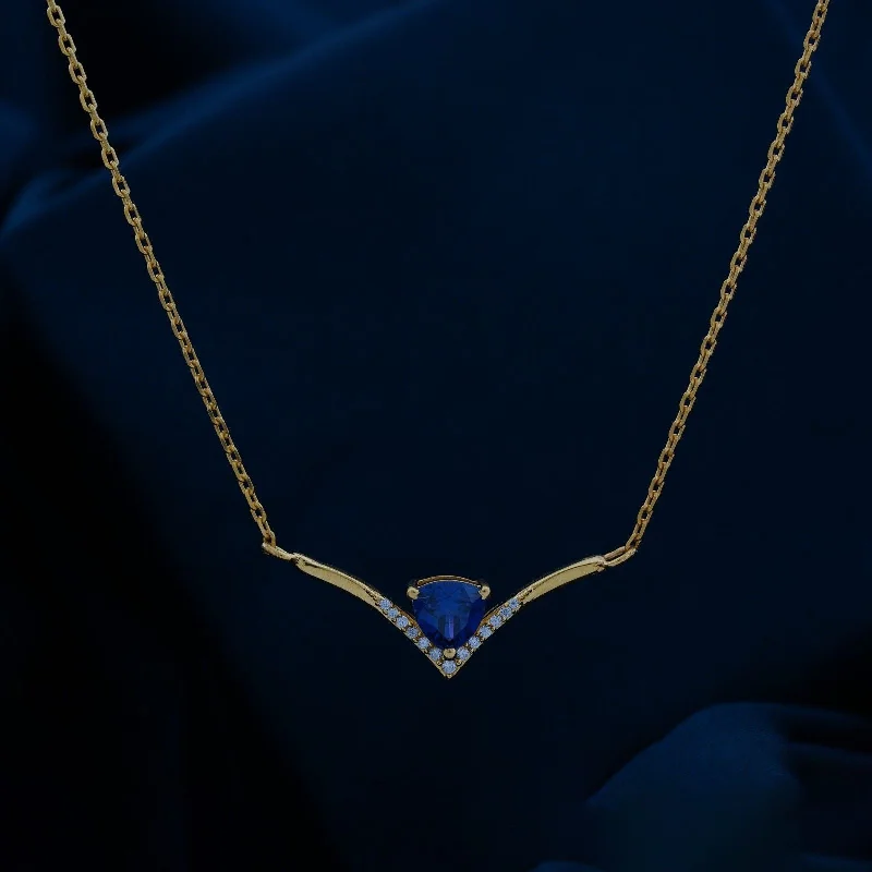 Long Chain Pendant Necklace-Yellow Gold V-shaped Sapphire Necklace