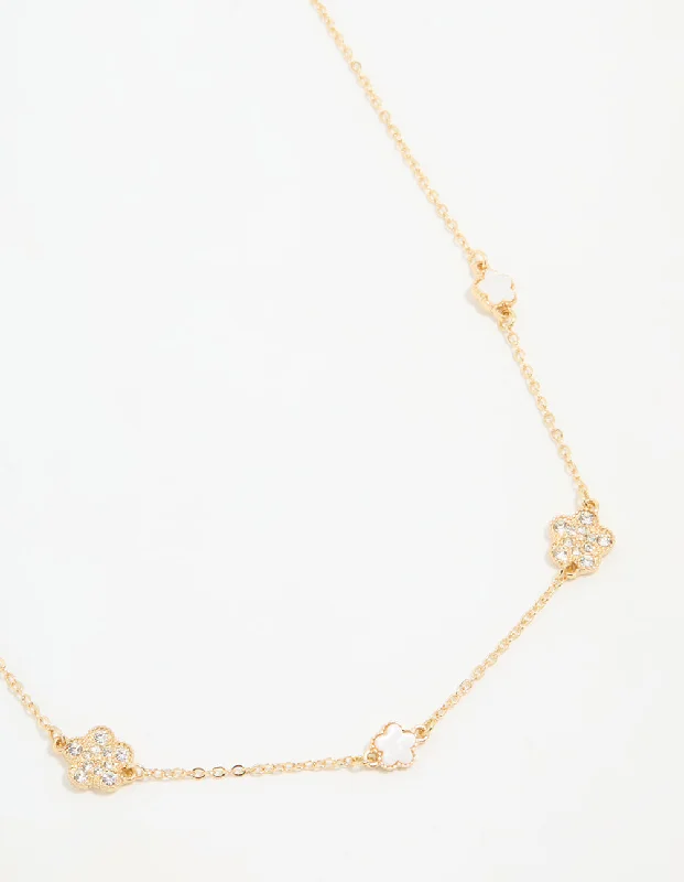 Silver Bar Necklace-Gold Plated Diamante Station Flower Necklace