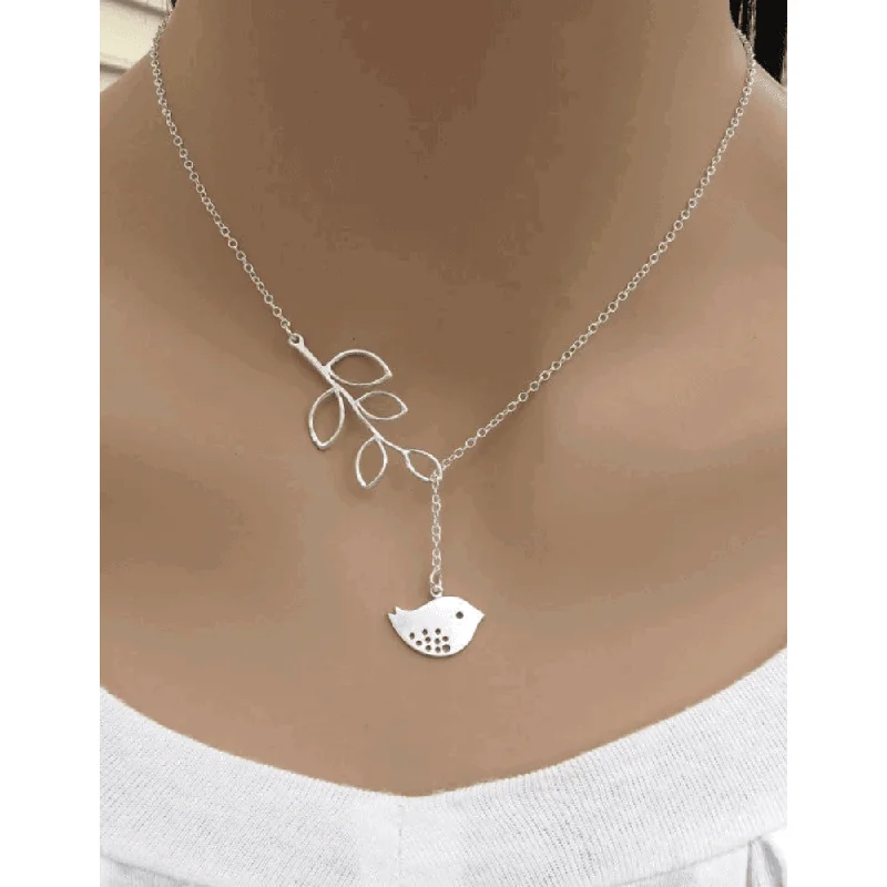 Retro Silver Necklace-White Dove with Olive Branch  Symbol Lariat Necklace