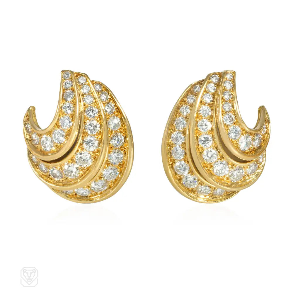 Elegant Dangle Earrings-Mid-century gold and diamond crescent earrings