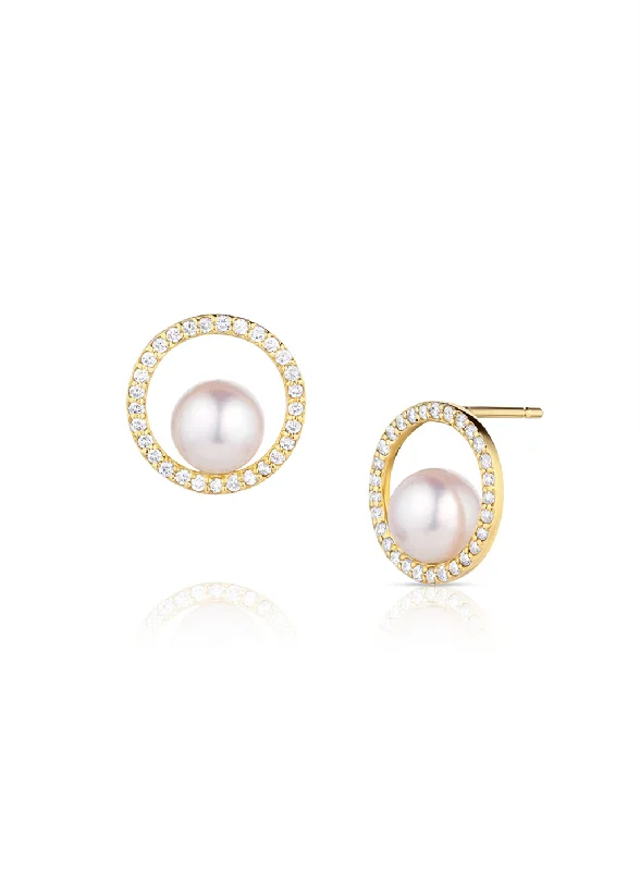 Long Diamond Earrings-18K Yellow Gold 6-6.5mm Cultured Akoya Pearl & Diamond Open Circle Stud Earrings