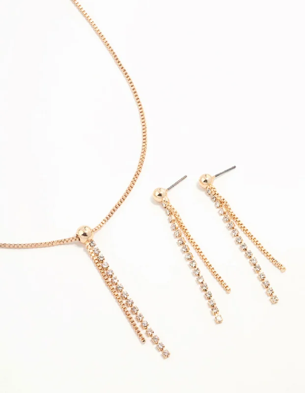 Layered Silver Pendant Necklace-Gold Diamante Cupchain Necklace & Earrings Set