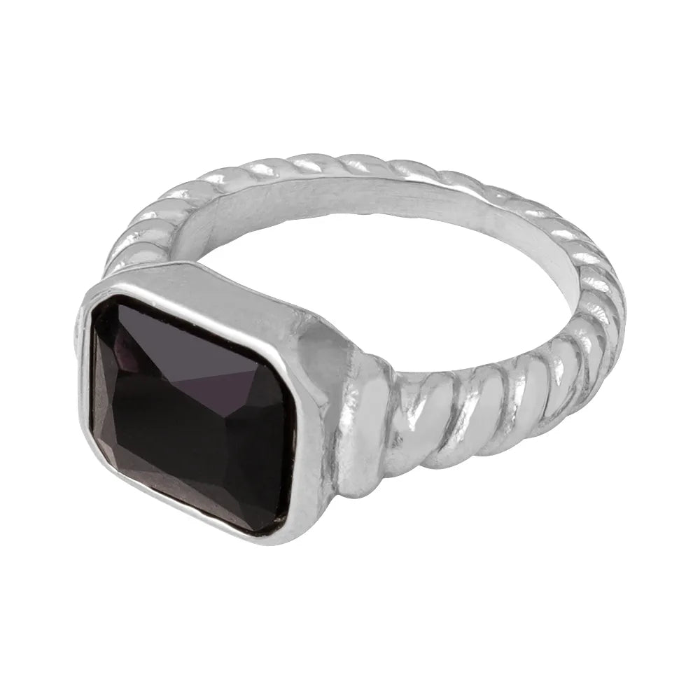 A504-Steel Black Glass Stone Ring-No. 6