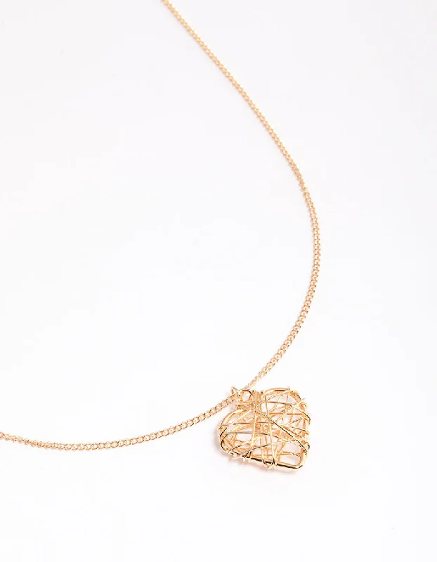 Silver Rope Necklace-Gold Wrapped Heart Pendant Necklace