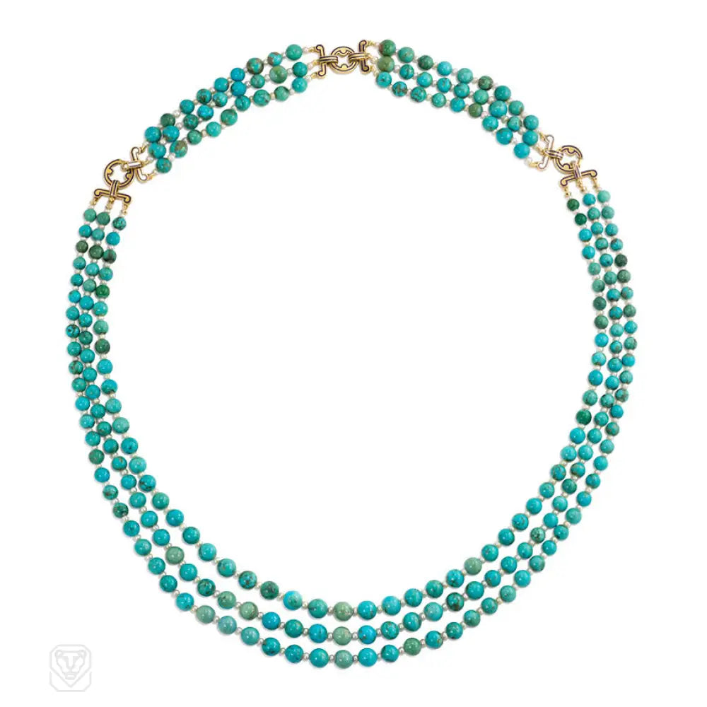 Natural Stone Pendant for Necklace-Art Deco turquoise and pearl necklace and bracelet suite, Cartier