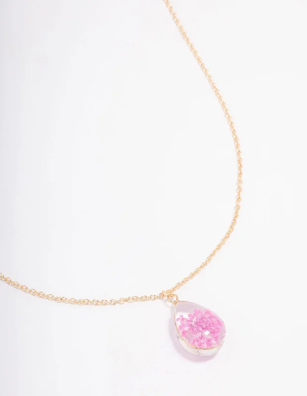 Simple Diamond Necklace-Gold Pink Resin Flower Pendant Necklace