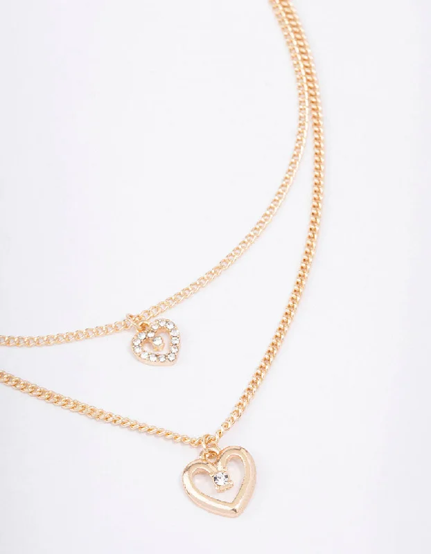 Sparkling Silver Pendant Necklace-Gold Chain Heart Diamante Layered Necklace