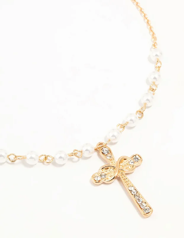 Rose Gold Chain Necklace-Gold Pearl Cross Diamante Pendant Necklace