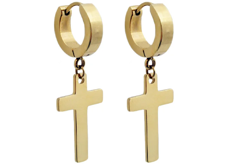 Luxury Diamond Earrings-Men's Gold Stainless Steel Hoop Cross Earrings