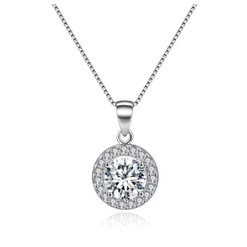 Adjustable Silver Necklace-Round Halo Crystal Pendant Necklace