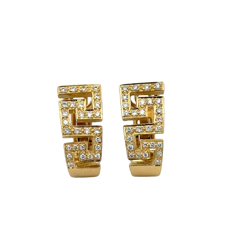 Gemstone Hoop Earrings-Greek Key Style Diamond Huggie Earrings in 18k Yellow Gold