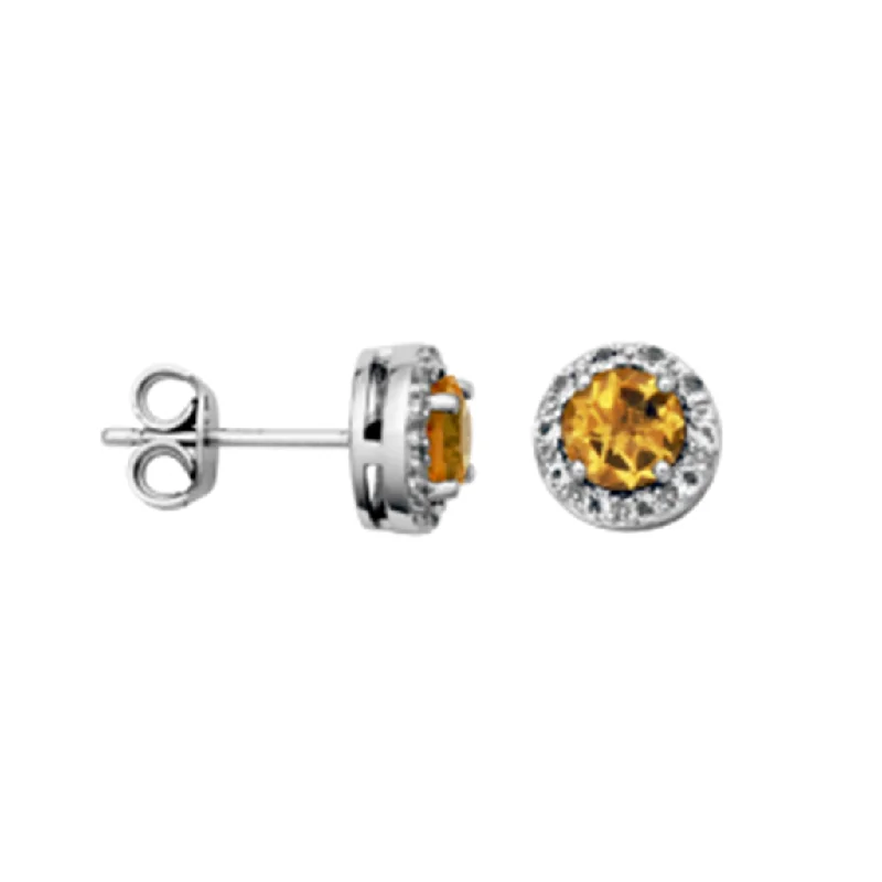 Designer Silver Earrings-Sterling Silver Citrine & White Topaz Halo Stud Earrings by Samuel B.