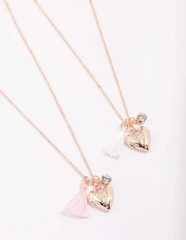 Choker Necklace for Women-Kids Rose Gold Tassel Heart Locket Pendant Necklace Pack