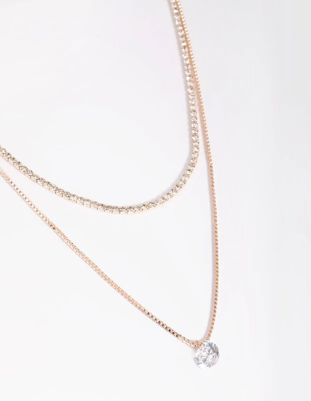 Handmade Pearl Necklace-Rose Gold Diamante Layered Necklace