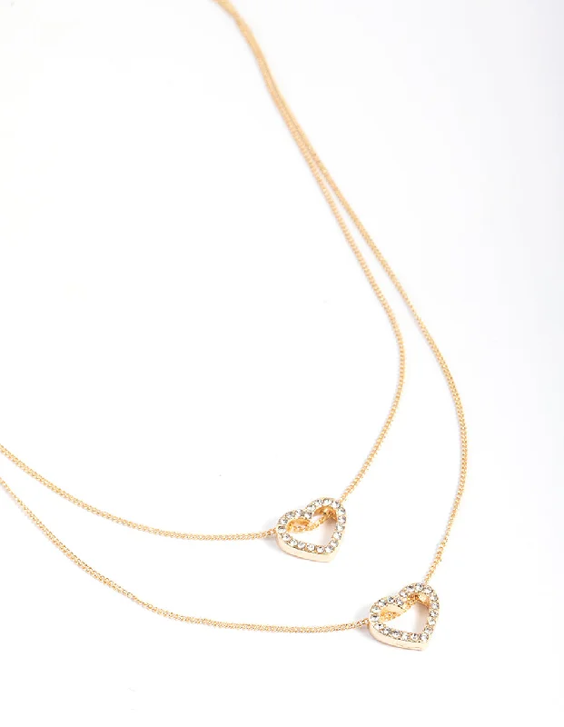 Multi-Layer Chain Necklace-Gold Double Diamante Open Heart Layered Necklace