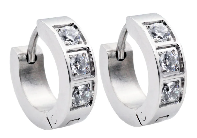 Modern Geometric Earrings-Mens 14mm Stainless Steel Hoop Earrings With Cubic Zirconia