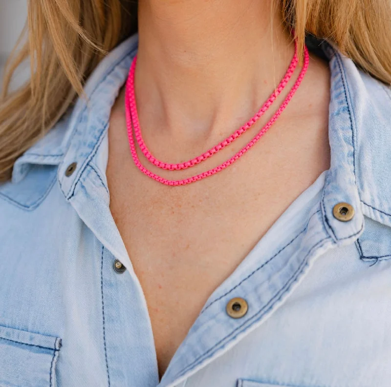 Long Chain Necklace for Women-Double Strand Hot Pink Necklace