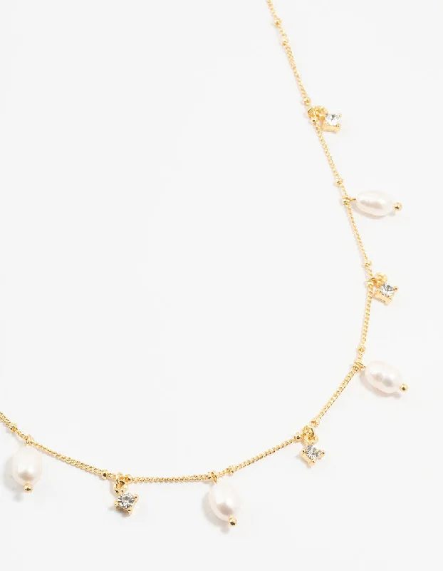 Geometric Bar Necklace-Gold Plated Alternating Pearl & Cubic Zirconia Station Necklace