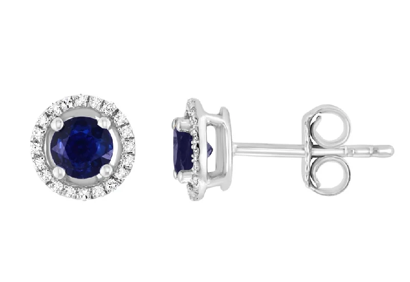 Elegant Drop Earrings-14K White Gold 0.78ctw Round Blue Sapphire & Diamond Halo Stud Earrings