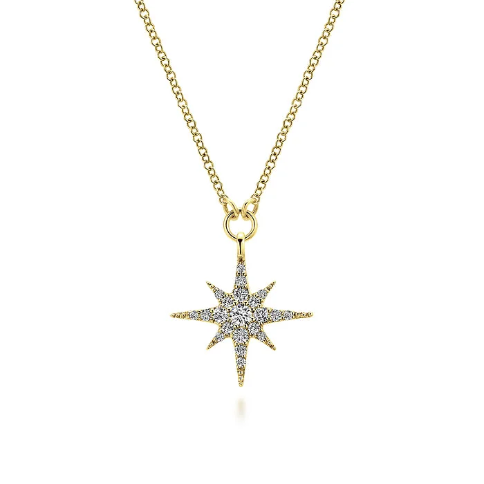 Personalized Birthstone Necklace-14K Yellow Gold Diamond Starburst Pendant Necklace