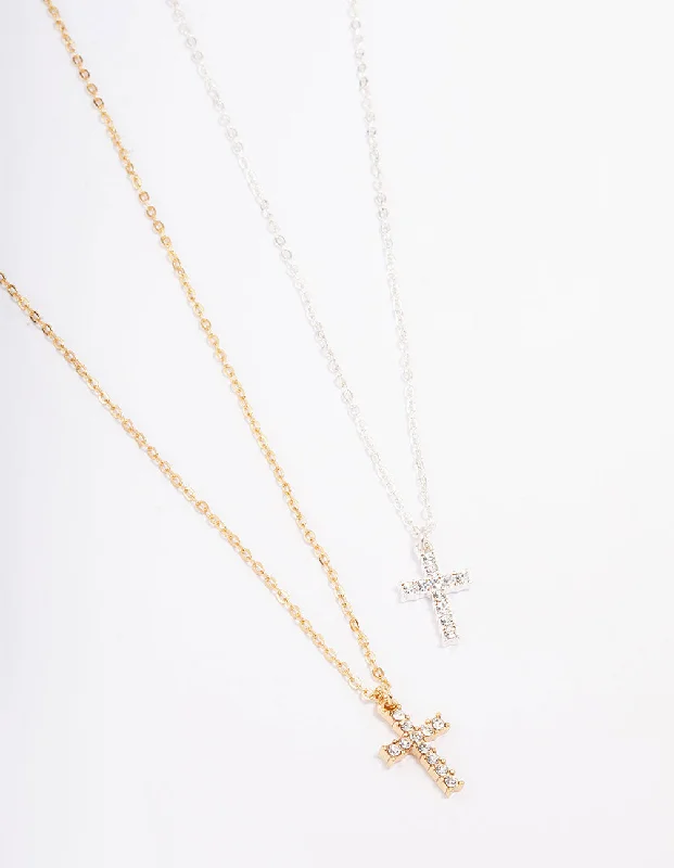 Silver Choker Necklace-Mixed Metal Diamante Cross Necklace Pack