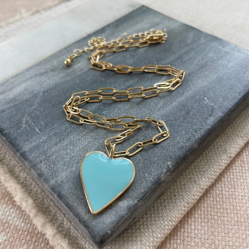 Gold Rope Necklace-Carolina Blue Heart Necklace