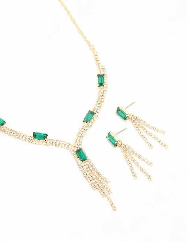 Fashion Pendant Necklace-Gold Emerald Diamante Tassel Necklace & Earrings Set