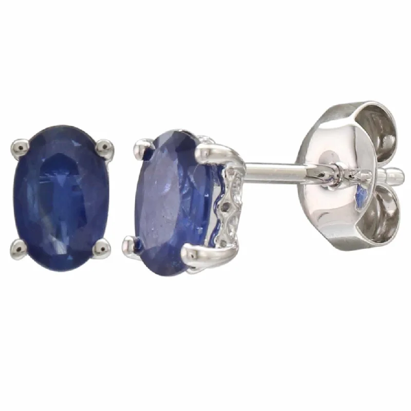 Simple Stud Earrings for Girls-14K White Gold 1.20ctw Oval Blue Sapphire Stud Earrings