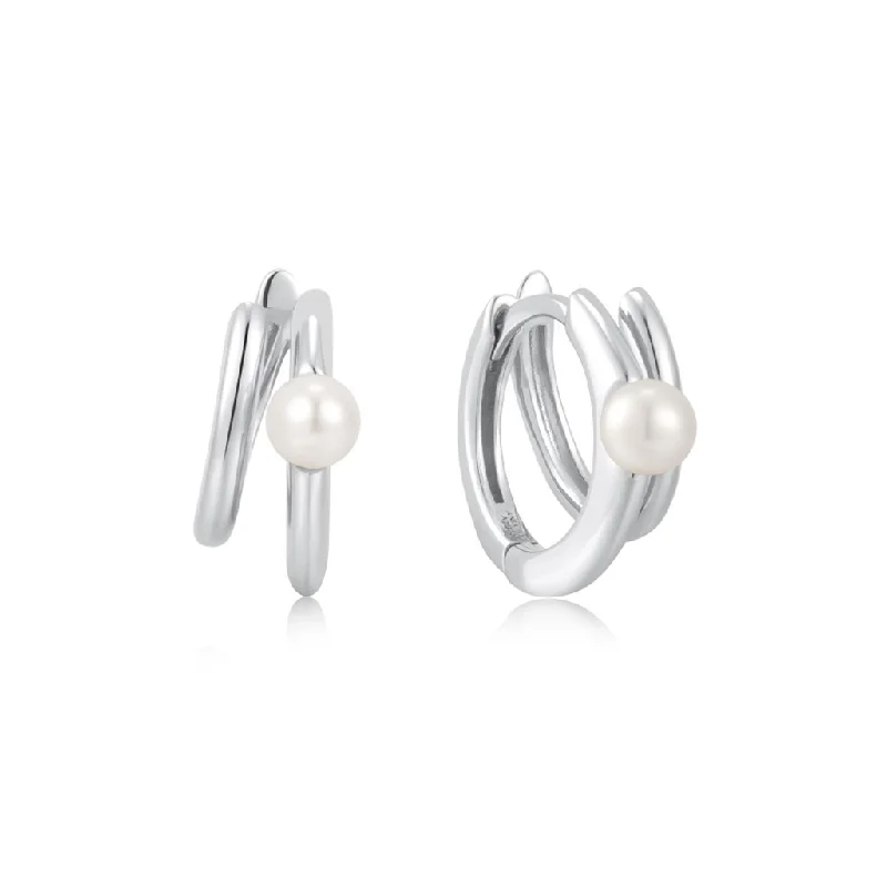 Floral Stud Earrings-Sterling Silver Pearl Double Huggie Hoop Earrings by Ania Haie