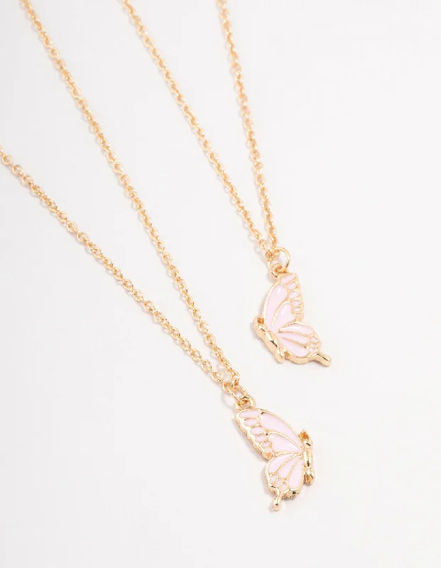 Adjustable Pendant Necklace-Gold & Pink Butterfly Necklaces 2-Pack