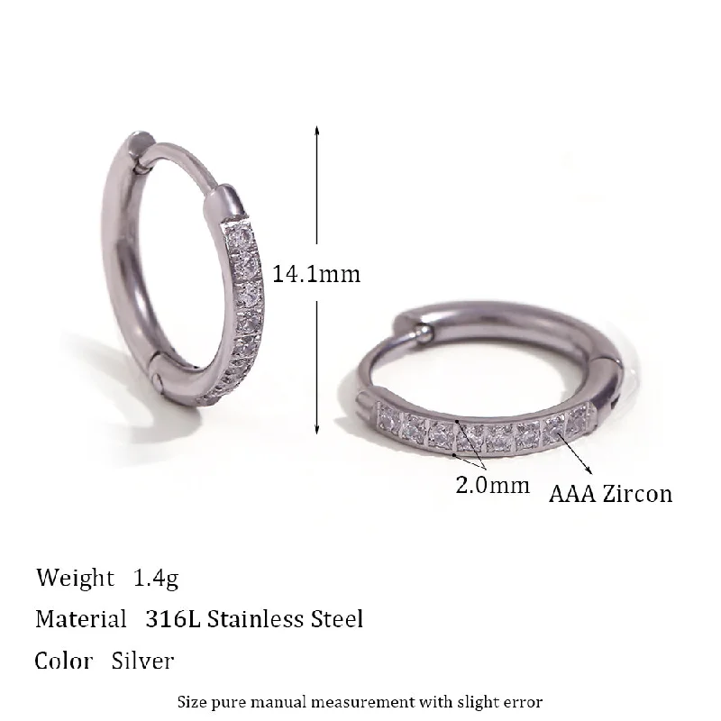 Rounded Edge Zircon Earrings-Steel Color 14mm