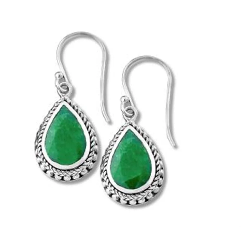 Diamond Drop Earrings-Sterling Silver Pear Shaped Emerald Drop Earrings by Samuel B.