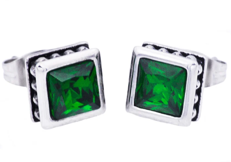 Luxury Drop Earrings-Mens 13mm Stainless Steel Stud Earrings With Green Cubic Zirconia