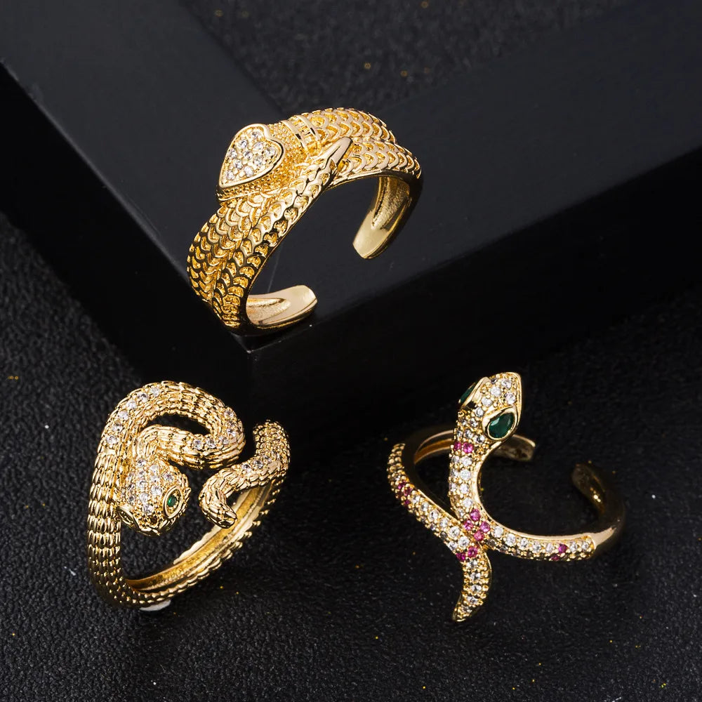 Gold Wedding Band for Women-Fashion Copper Gold-Plated Micro-Set Zircon Hip-Hop Snake Open Ring Female