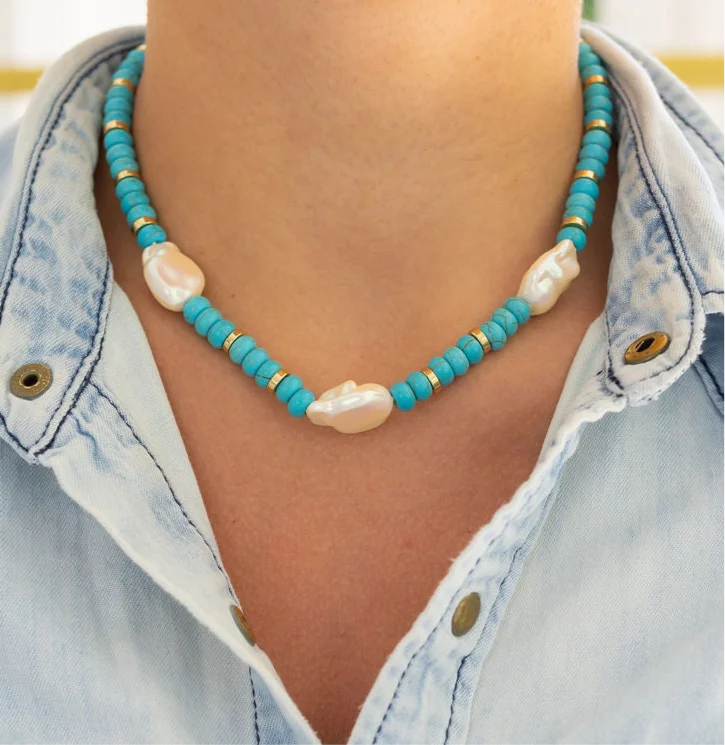 Elegant Gold Pendant Necklace-Turquoise and Pearl Necklace