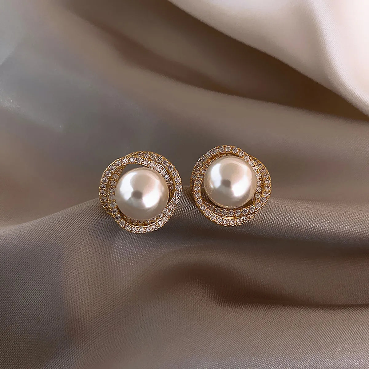 67# Braided Ring Rhinestone Pearl Earrings-Gold Silver Needle