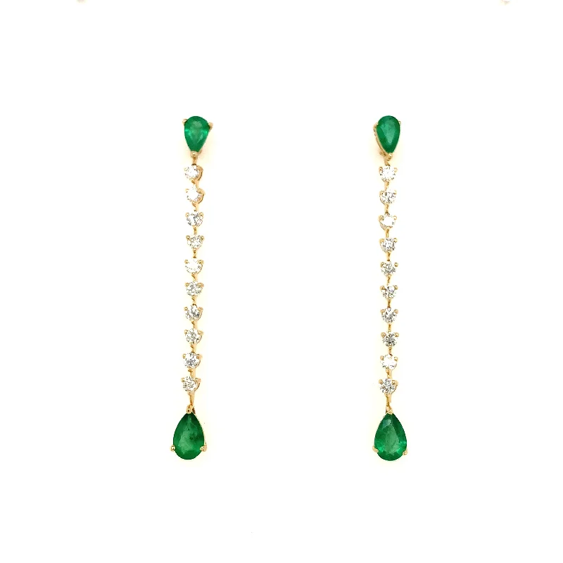 Boho Earrings for Summer-Emerald and Diamond Line Earrings in Yellow Gold