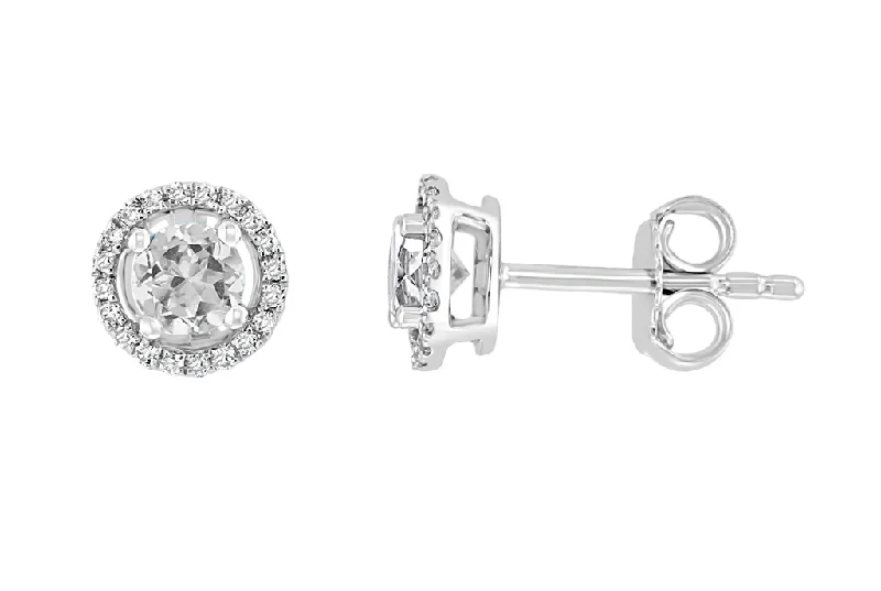 Silver Stud Earrings-14K White Gold 0.74ctw White Topaz & Diamond Halo Stud Earrings