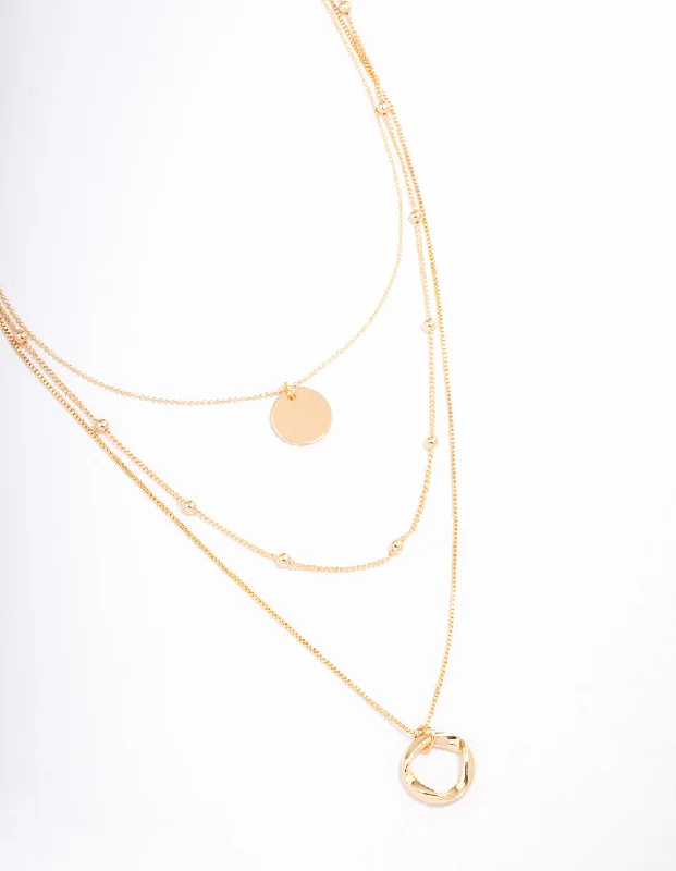 Unique Gold Pendant Necklace-Gold Organic Circle Disc Triple Row Necklace