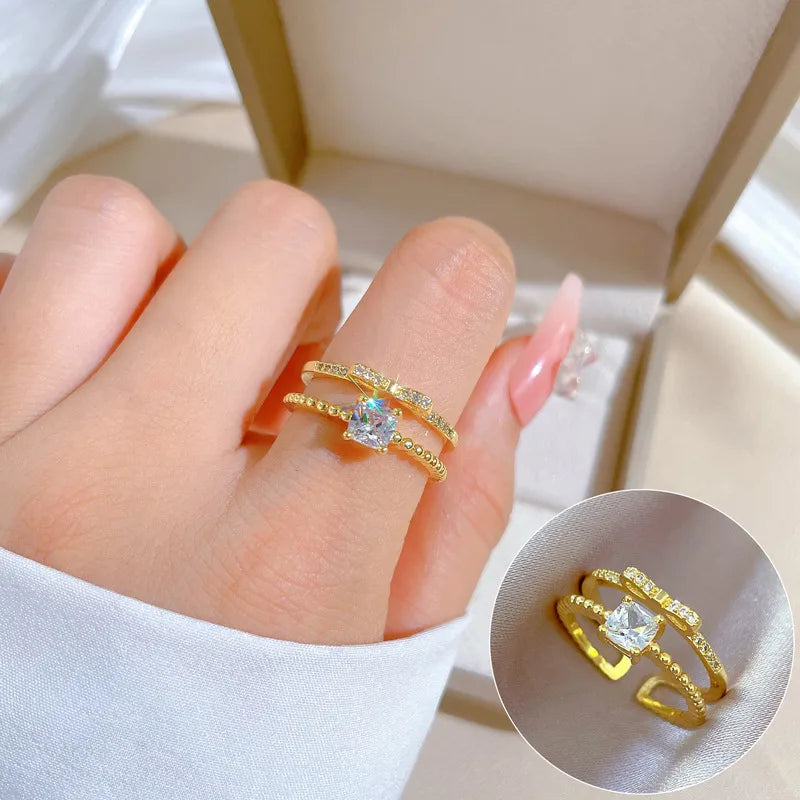 Custom Gemstone Promise Ring-Simple Style Classic Style Color Block Square Brass Gold Plated Artificial Gemstones Open Rings In Bulk