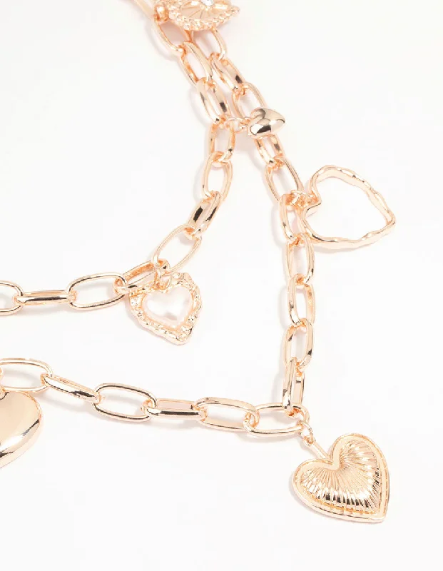 Long Silver Chain Necklace-Rose Gold Heart Charm Layered Necklace